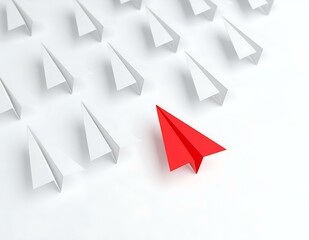 Fototapeta premium Red Paper Airplane Leading White Fleet Unique, Bold, Different, Success, Innovation, Vision, Standou