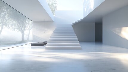 Modern interior space featuring large glass windows that provide natural light and a view of green landscaping.