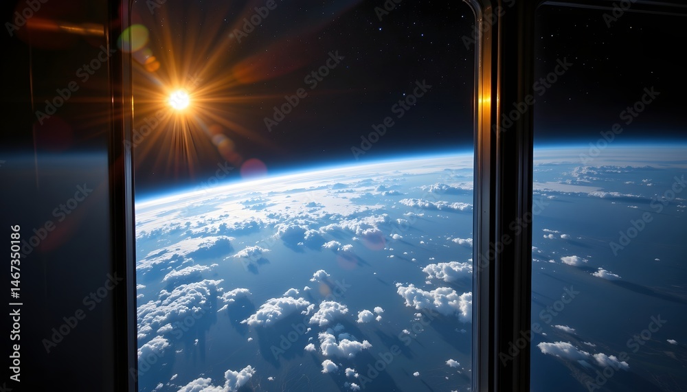 Wall mural scenic view from space elevator with sun shining through window creating a warm glow