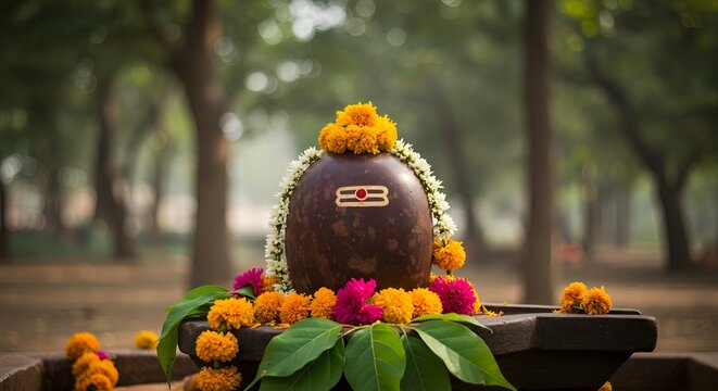 a Shiva Lingam adorned with vibrant marigold flowers, white jasmine, and green leaves in an outdoor park or garden setting