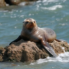 Obraz premium Sea Lion Posing on Rocky Coastline in Sunny Weather