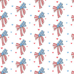 Fototapeta premium Coquette 4th Fourth of July, Red White & Blue Bows Seamless Pattern, Patriotic Ribbons Repeat Patten, Cute 4th of July Party