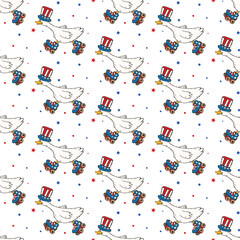 Hand-drawn Retro Silly goose Roller Skate Seamless Pattern, Patriotic Ribbons Repeat Patten, Cute 4th of July Party, Cute Independence Day.