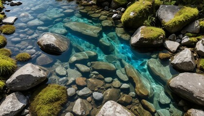 Crystal River Bed: Clear Stream Flowing Over Mossy Rocks