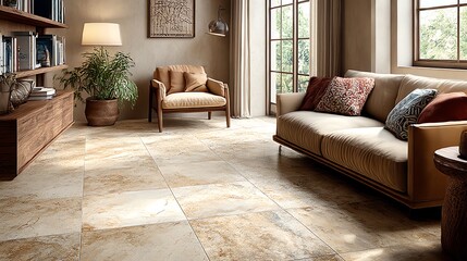 Elegant beige stone-look porcelain tiles with subtle texture, perfect for modern interiors, bathrooms, and kitchens. Ideal for design and architectural use.