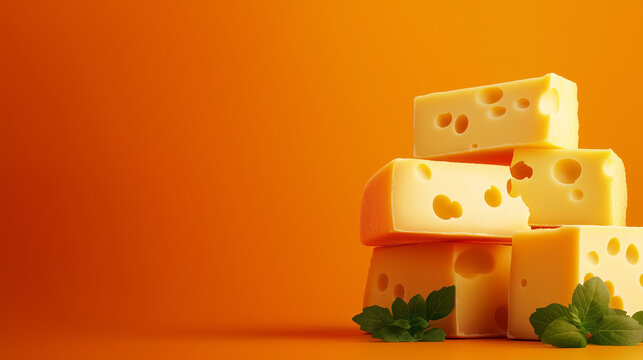 Stack of Swiss Cheese on Orange Background – National Cheese Day Celebration - Powered by Adobe
