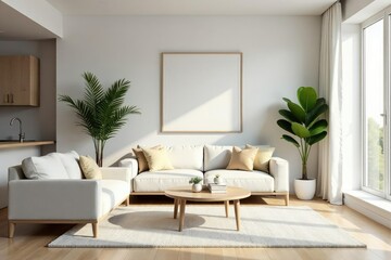 Clean, minimalist living room with simple furniture and decor Natural light floods the space , scandi, neutral
