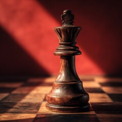 Fototapeta premium Intricate details of a wooden chess piece illuminated by sunrays against a red backdrop enhancing its majestic presence on a chessboard