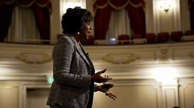 Side Angle View of Speaker Addressing an Audience in a Formal Setting