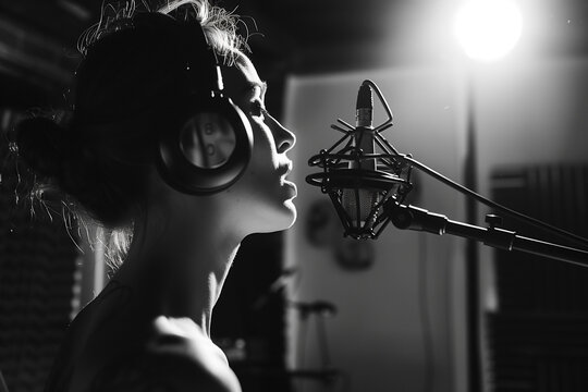 Female singer passionately performing with a microphone in a recording studio. Generative AI