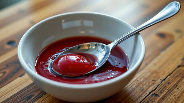 A spoon rests inside a white bowl filled with red tomato ketchup on a wooden table.