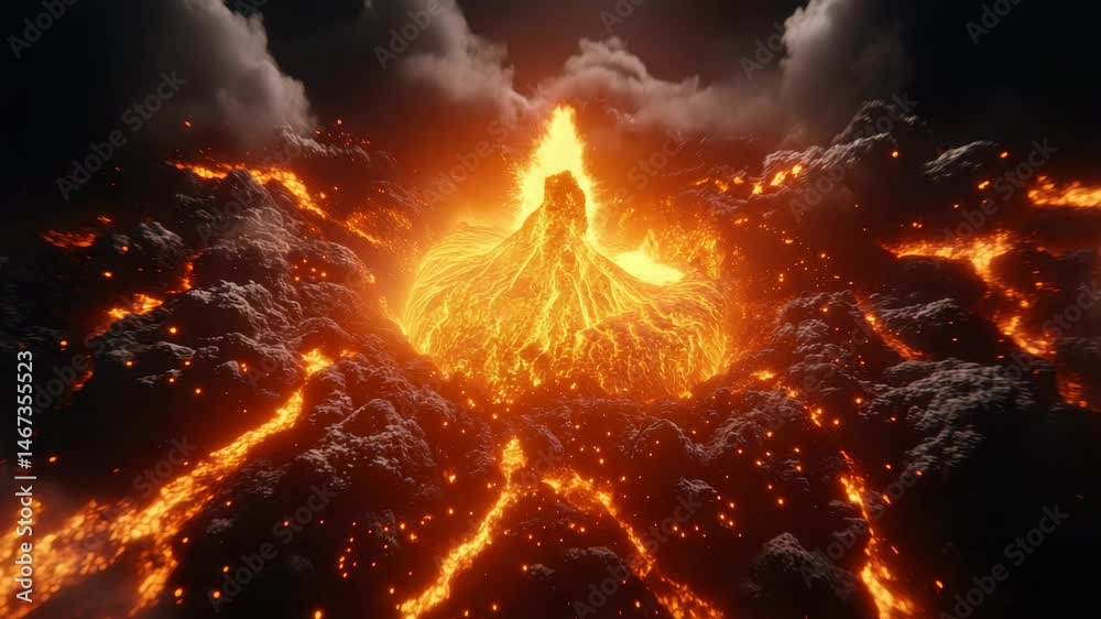 Poster molten lava flows down the sides of an erupting volcano, creating rivers of fire against the dark, r