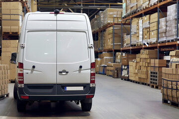 Cargo van parked at a warehouse loading boxes. Generative AI