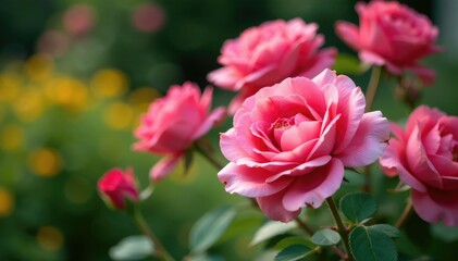 Close-up of vibrant pink roses blooming near a garden border Soft focus, natural light , floral, colorful