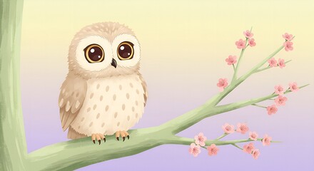 Fototapeta premium Cute Owl with Spring Blossoms