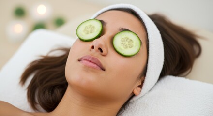 Woman with cucumber slices on eyes relaxing on a white pillow.