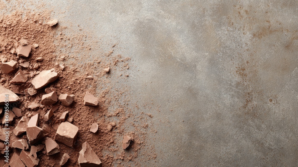 Aufkleber close-up view of broken chocolate pieces haphazardly arranged on a matte slate background, accentuat