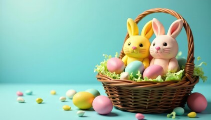 Obraz premium Colorful Easter eggs and bunny-shaped candies in a basket , spring holiday, bunny