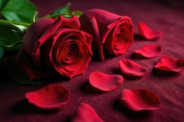 Dark red roses with scattered petals on velvet fabric, valentines texture, texture