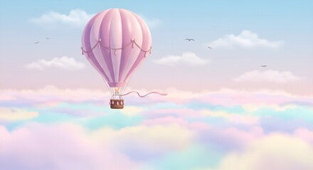 Obraz premium Dreamy Pink Hot Air Balloon Floating Above Pastel Clouds