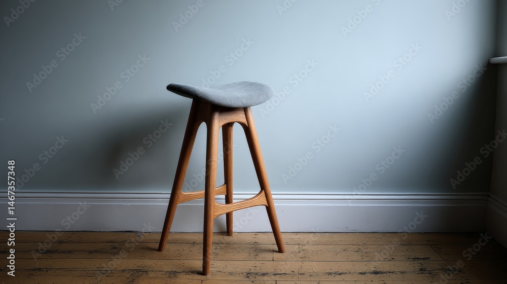 Aufkleber a minimalist stool featuring a charcoal cushion and sleek oak legs stands against a soft gray wall, 