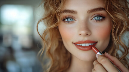Young Woman Applying Lipstick Closeup Portrait