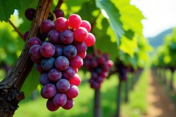 Fototapeta premium Deep crimson Bordeaux grapes hanging heavily on the vine , wine production, juicy