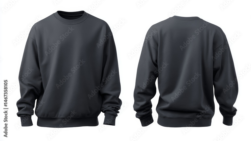 Poster plain charcoal gray sweatshirt shown from the front and back against a bright white background, idea