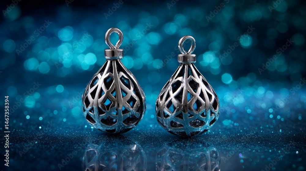 Aufkleber two silver holiday ornaments with detailed designs are arranged on a glossy teal surface, surrounded