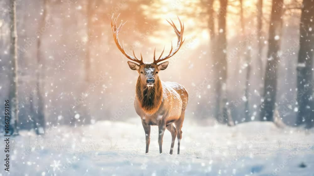 Poster majestic deer with large antlers standing in a snow covered forest during a gentle snowfall, creatin