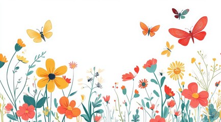 Obraz premium spring flowers and butterflies flat vector border illustration on white background