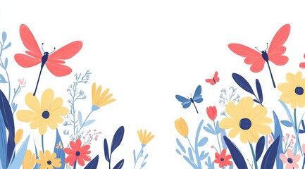 spring flowers and butterflies flat vector border illustration on white background