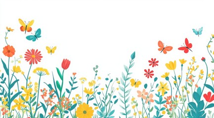 spring flowers and butterflies flat vector border illustration on white background