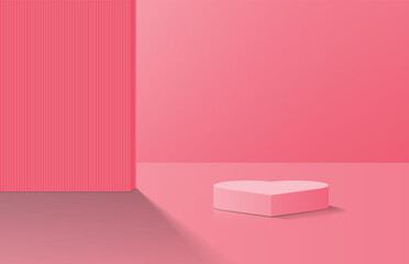Realistic pink 3d heart podium pedestal or product display stand with light shine from wall behind. Minimal scene for mockup. Valentine scene for product showcase. 3d stage on festive  promotion.