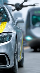 Futuristic urban transportation scene with a drone, car, and train