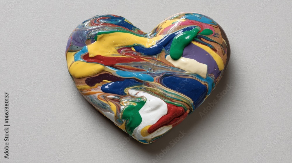 Poster heart shape filled with vivid swirling paint colors showcases artistic expression on a neutral backg