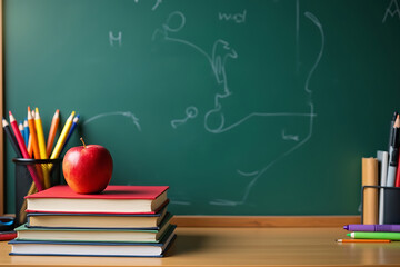 Stacked books with a red apple on top in a school setting with chalk drawings and pencils.