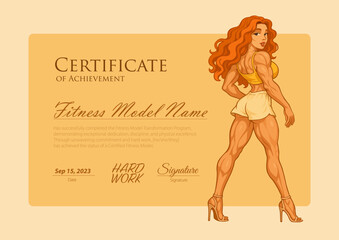 Fitness Achievement Certificate with Cartoon Female Bodybuilder