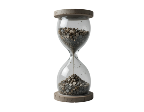 Sand flowing in a hourglass timer with stones inside