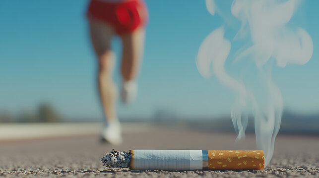 Smoking vs. Exercise: A contrast between healthy living and harmful habits. A runner is in the background, and a cigarette is in the foreground.