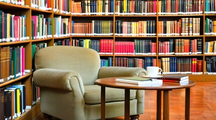 A well-lit library corner with bookshelves and a comfy armchair.