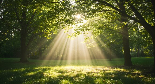 Sunlight streaming through trees in forest park nature landscape background image stock photo free download