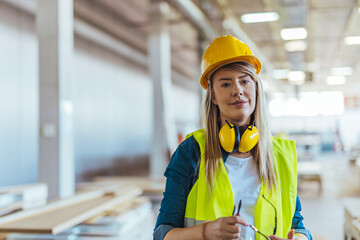 Professional Female Construction Worker in Safety Gear at a Modern Worksite