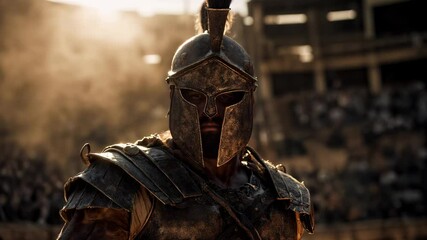 Fearless gladiator grips sword beneath gleaming helmet, muscles tense amidst swirling arena dust. Fierce gladiator gaze meets roaring crowd, capturing raw drama of ancient combat
