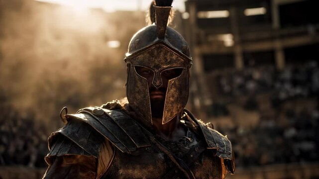 Fearless gladiator grips sword beneath gleaming helmet, muscles tense amidst swirling arena dust. Fierce gladiator gaze meets roaring crowd, capturing raw drama of ancient combat