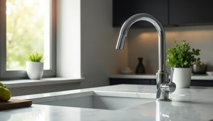 Modern kitchen faucet with gleaming chrome finish and sleek design, installed in a stylish countertop , single handle faucet, kitchen sink, minimalist design