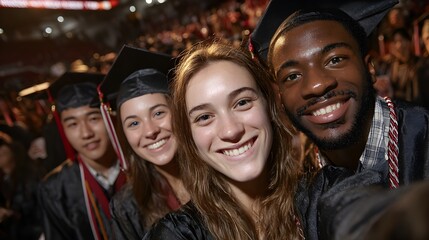 Happy diverse group of college graduates smiling for a celebratory selfie photo at their commencement ceremony.