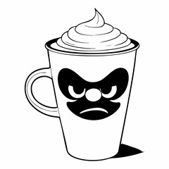 Angry Cartoon Coffee Cup with Cream Topping, Black and White Illustration.