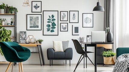 Fototapeta premium Modern, minimalist home office with framed artwork, plants, and comfortable seating.