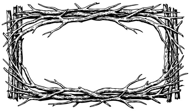 Rustic black and white vector illustration of a rectangular wooden twig frame made from intertwined branches and sticks, ideal for nature-themed designs, invitations, labels, or signage.